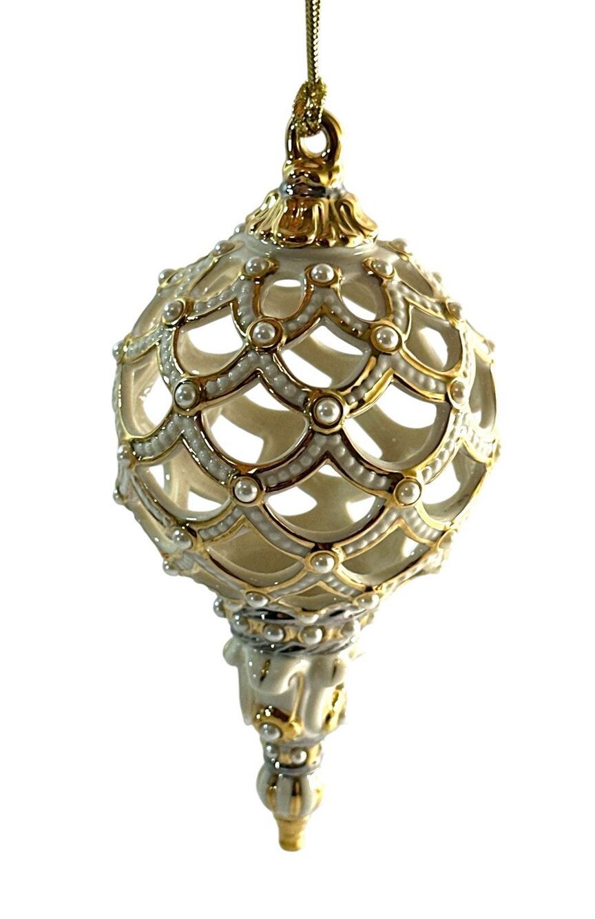 Lenox Florentine & Pearl 24K Gold Pierced Porcelain Finial Ornament 5”